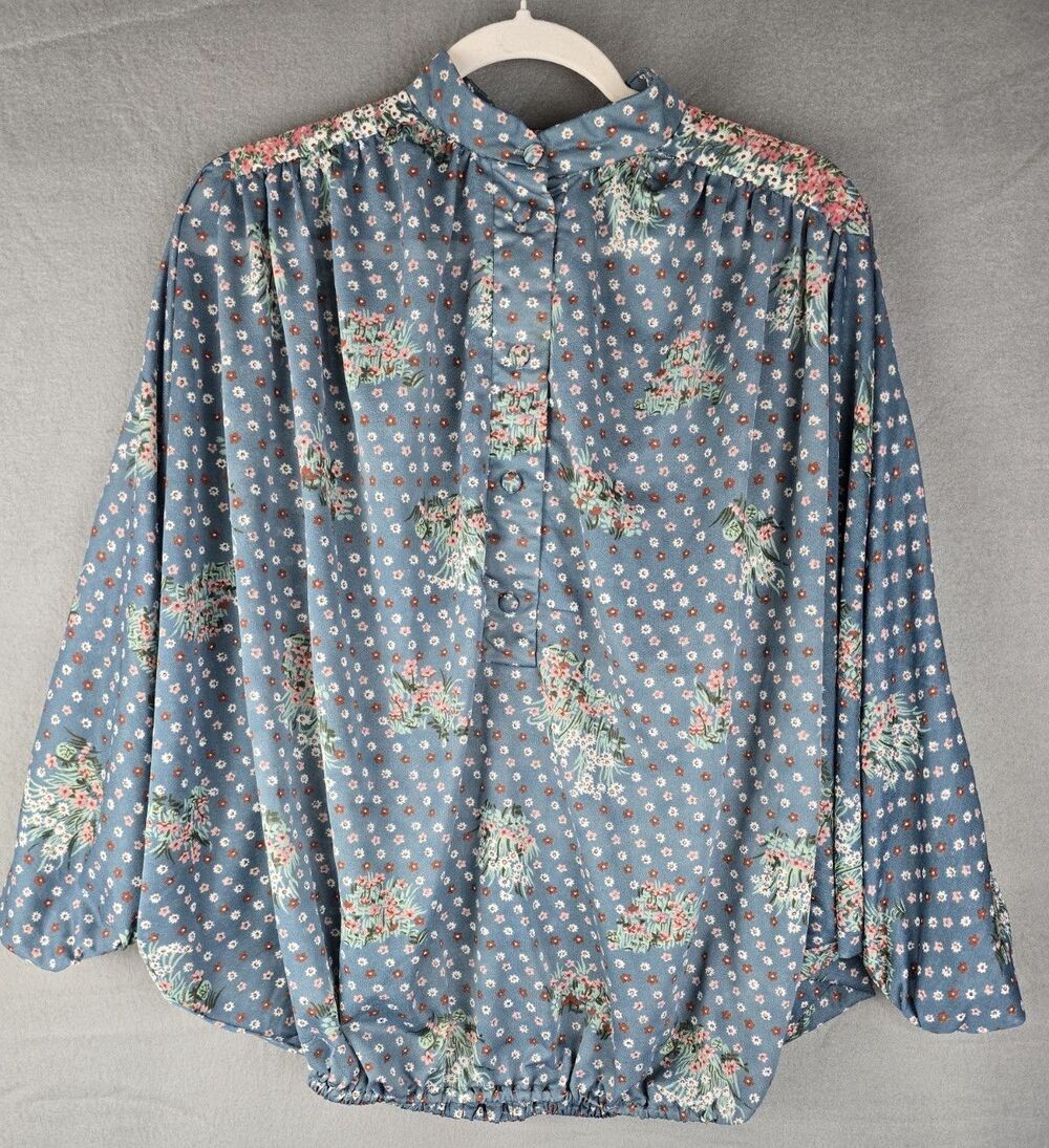 Vintage 70s Sheer Blue Floral Blouse Women's Butterfly Sleeves Boho